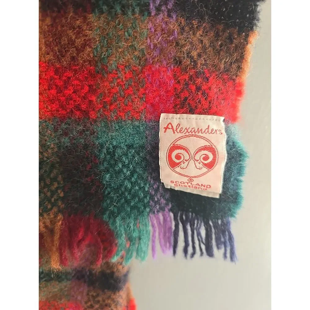 Vintage Alexanders Green Red Plaid Wool Fringe Neck Warmer Scarf Womans Size 60